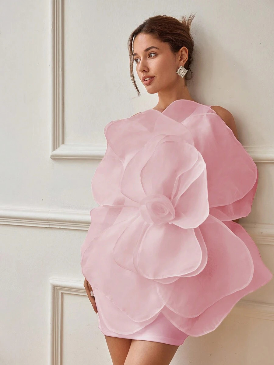 Women's Asymmetrical Neck Backless Dress With 3D Rose Floral Design, Daring And Innovative, Suita... | SHEIN