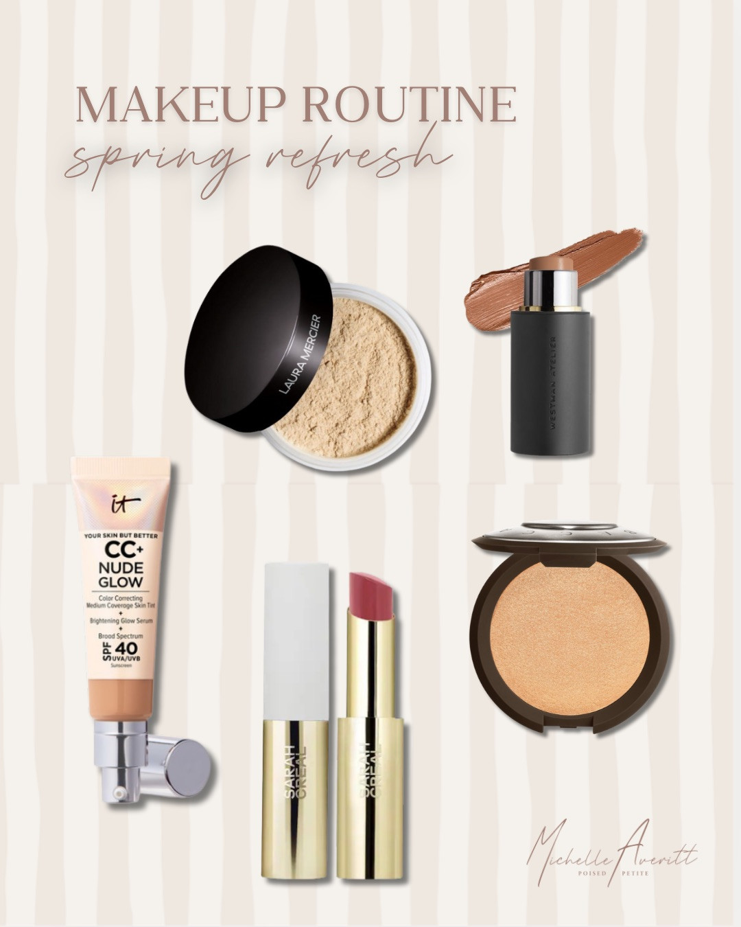 It's the perfect time for a spring refreshed makeup routine! Here are five products that I have been loving.

Translucent setting powder, lightweight glow foundation, cream contour, shimmery highlighter, and tinted lip balm make for the perfect look for spring!

makeup routine, mature skin, mature beauty 

 #LTKselfcare #LTKOver40 #LTKBeauty