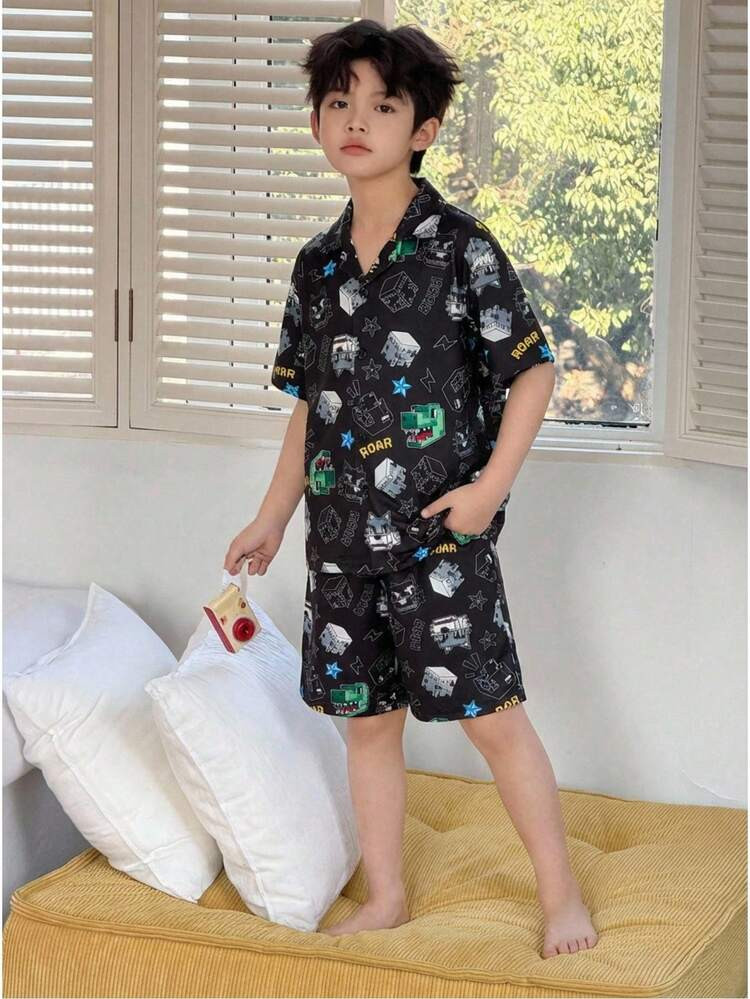 Boys' Digital Dinosaur & Owl Print Cardigan Short Sleeve Shorts Pajama Set, Made Of Comfortable Fabric, Casual & Fashionable Home Outfit For Spring/Summer | SHEIN