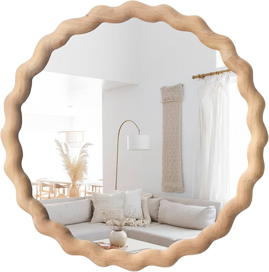 Irregular Wall Mirror,Wood Round Farmhouse Mirror Unique Vanity Mirror,28" Nature Wooden Modern B... | Amazon (US)
