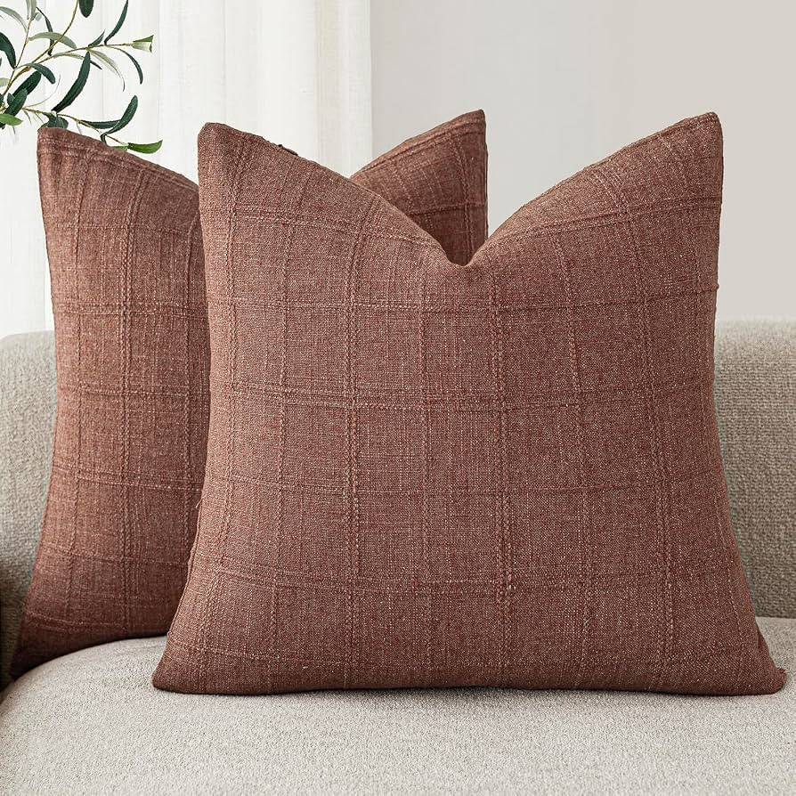 Foindtower Set of 2 Decorative Linen Check Throw Pillow Covers Neutral Farmhouse Vintage Cushion ... | Amazon (US)