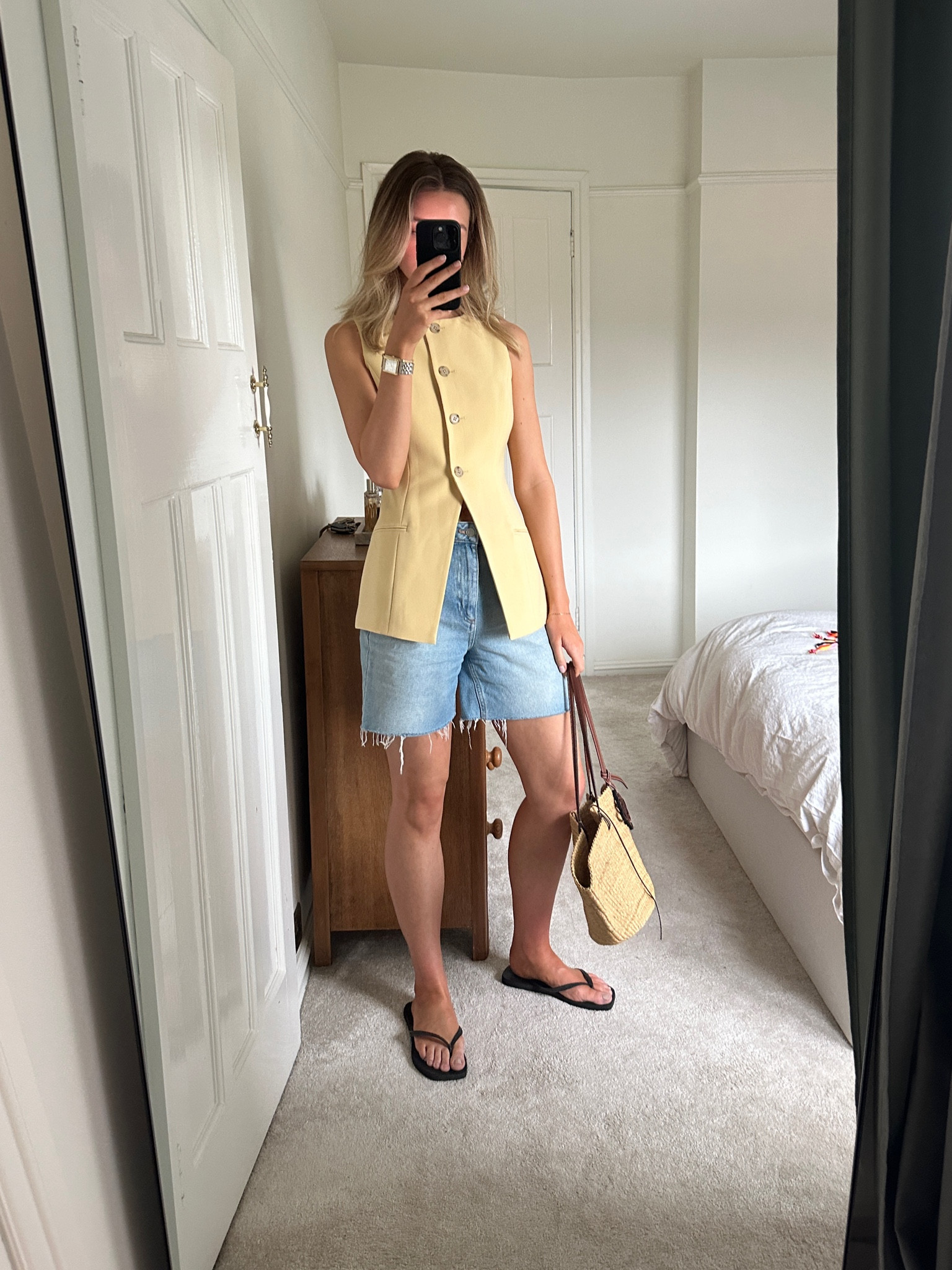 Aligne, havaianas, Loewe, waistcoat, shorts, denim shorts, mid length shorts, flip flops, basket bag, casual outfit 

#LTKsummer #LTKeurope #LTKuk