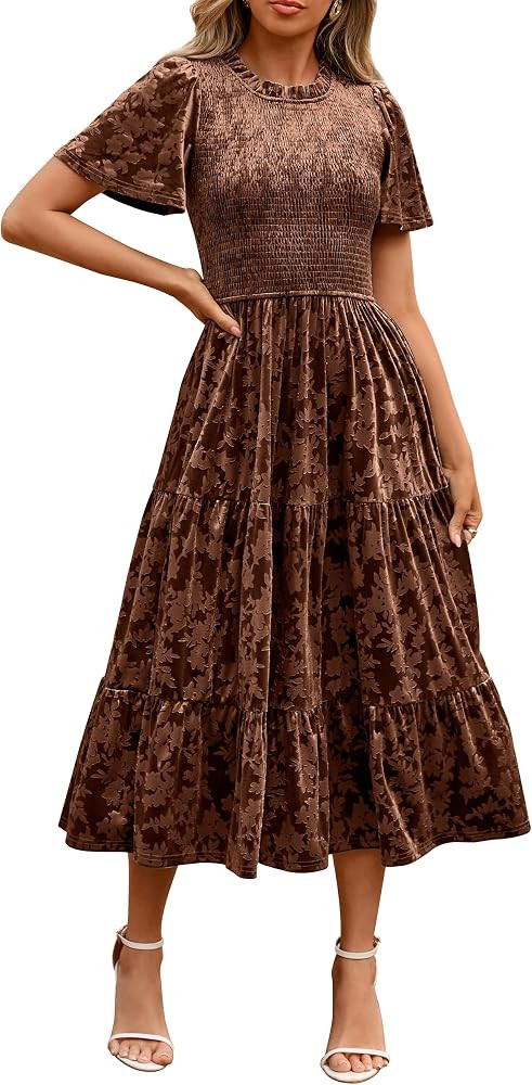 Simplee Velvet Dress for Women Semi Formal Short Sleeve Floral Smocked Empire Waist Fall Winter W... | Amazon (US)