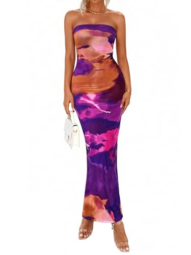 PRETTYGARDEN Women Summer Strapless Maxi Dress Bodycon Floral Sexy Long Wedding Guest Dress Forma... | Amazon (US)
