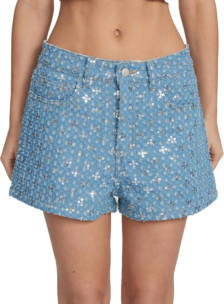 Ladyful Sequin Shorts for Women Mid Waist A Line Sparkly Party Night Out Outfits Y2K Glitter Deni... | Amazon (US)