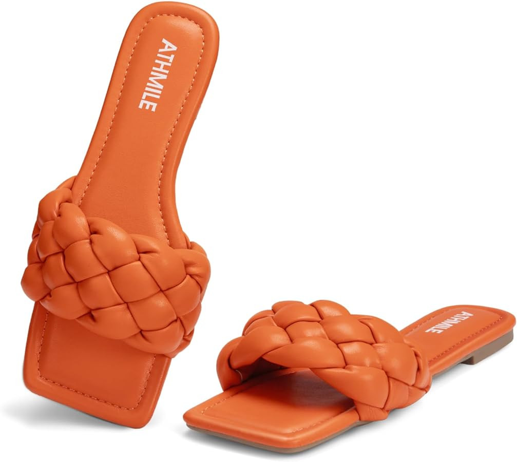 ATHMILE Braided Womens Sandals Square Open Toe Fashion Slide Sandals Women Dressy Summer Flat Bea... | Amazon (US)