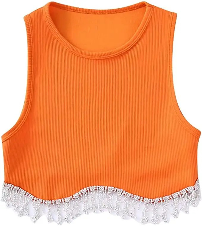 Meladyan Women Sexy Rhinestone Beading Tassel Trim Crop Tank Top Sleeveless Ribbed Knit Cropped V... | Amazon (US)