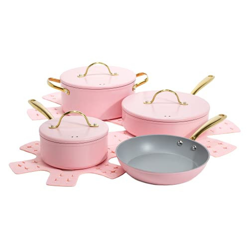 Paris Hilton Iconic Nonstick Pots and Pans Set, Multi-layer Nonstick Coating, Matching Lids With Gold Handles, Made without PFOA, Dishwasher Safe Cookware Set, 10-Piece, Pink | Amazon (US)
