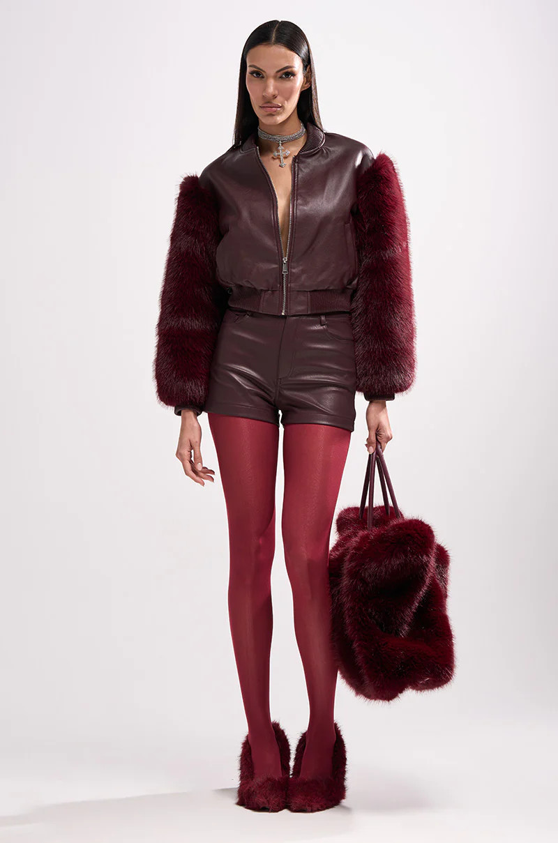 SO GOOD IT HURTS FUR SLEEVE BOMBER IN BURGUNDY | AKIRA