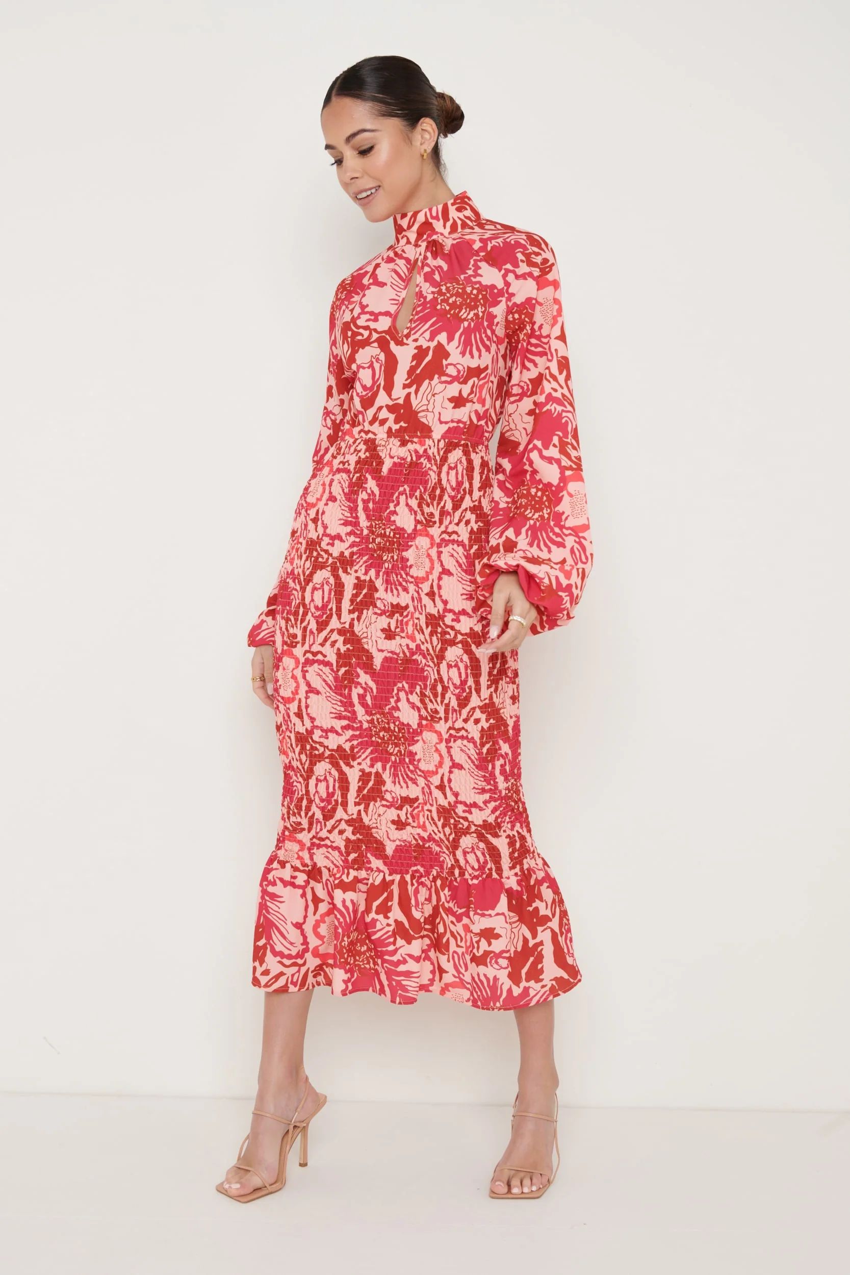 Emily High Neck Shirred Midaxi - Pink and Red Floral | Pretty Lavish (UK)
