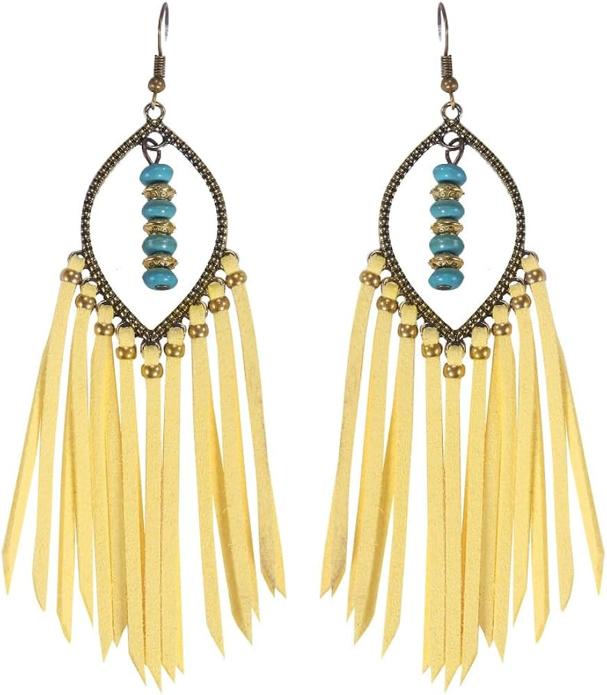Long Bohemian Fringe Leather Earrrings Handmade Tassel Earrings with Turquoise Long Dangle Earrin... | Amazon (US)