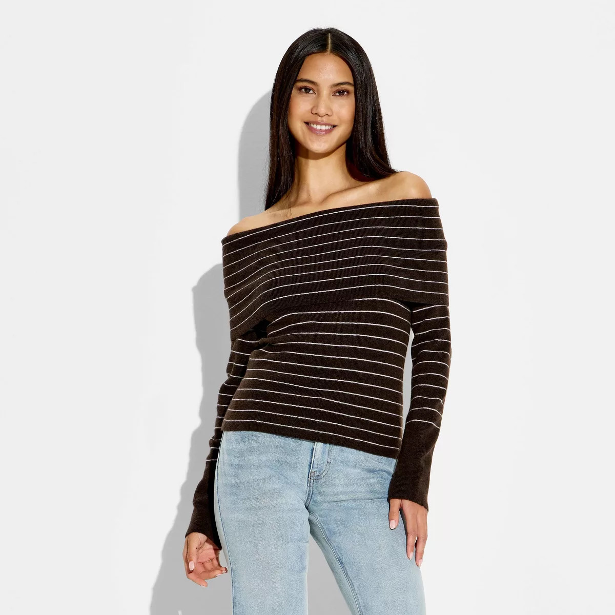 Women's Off the Shoulder Pullover Sweater - Wild Fable\u2122 Brown Striped L | Target