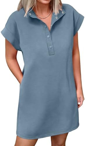 ANRABESS Women Summer Shirt Dress Casual Short Sleeve Henley Neck Mini Shift Tunic Dresses 2026 B... | Amazon (US)