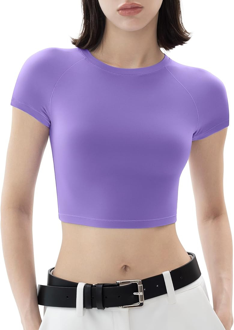 PUMIEY Women's Short Sleeve Crop Tops Crew Neck T Shirt Sexy Tee Smoke Cloud Collection | Amazon (US)