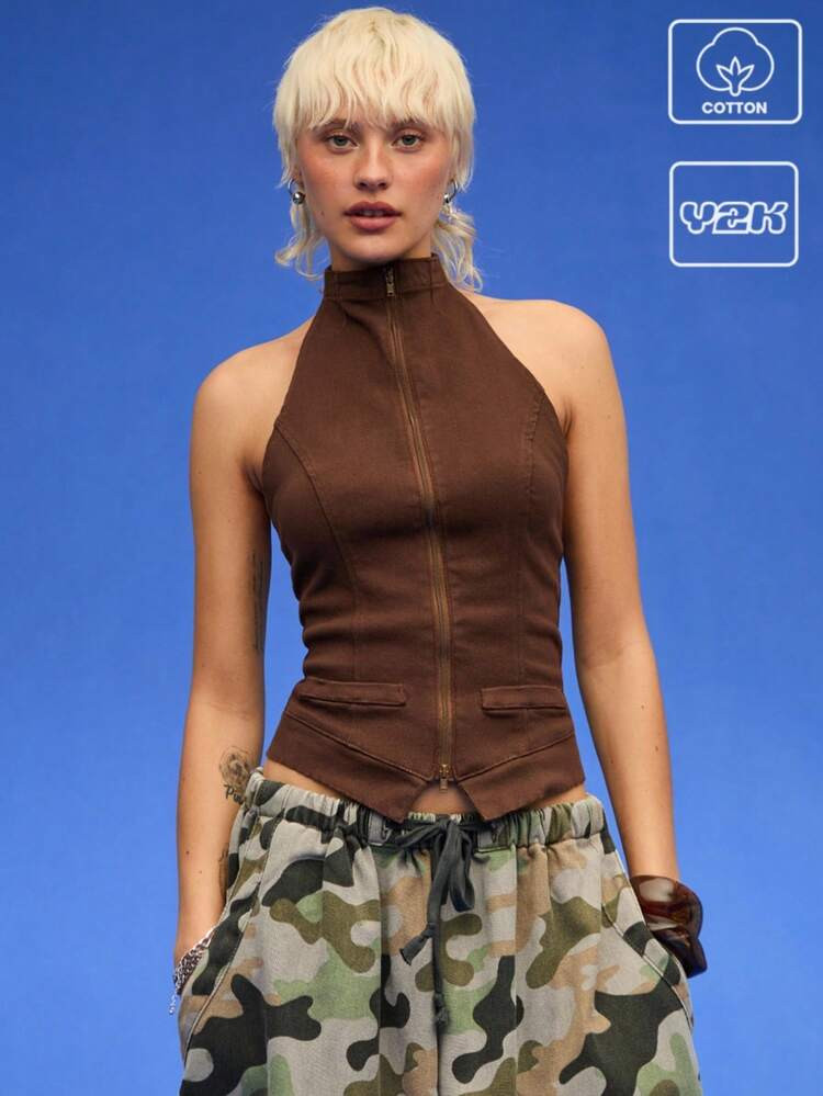 COUREZ Halter Neck Zip Up Top /Summer Outfits For Women Y2K Summer Tops Summer Clothes Casual 100%Cotton 100%Cotton Vintage | SHEIN