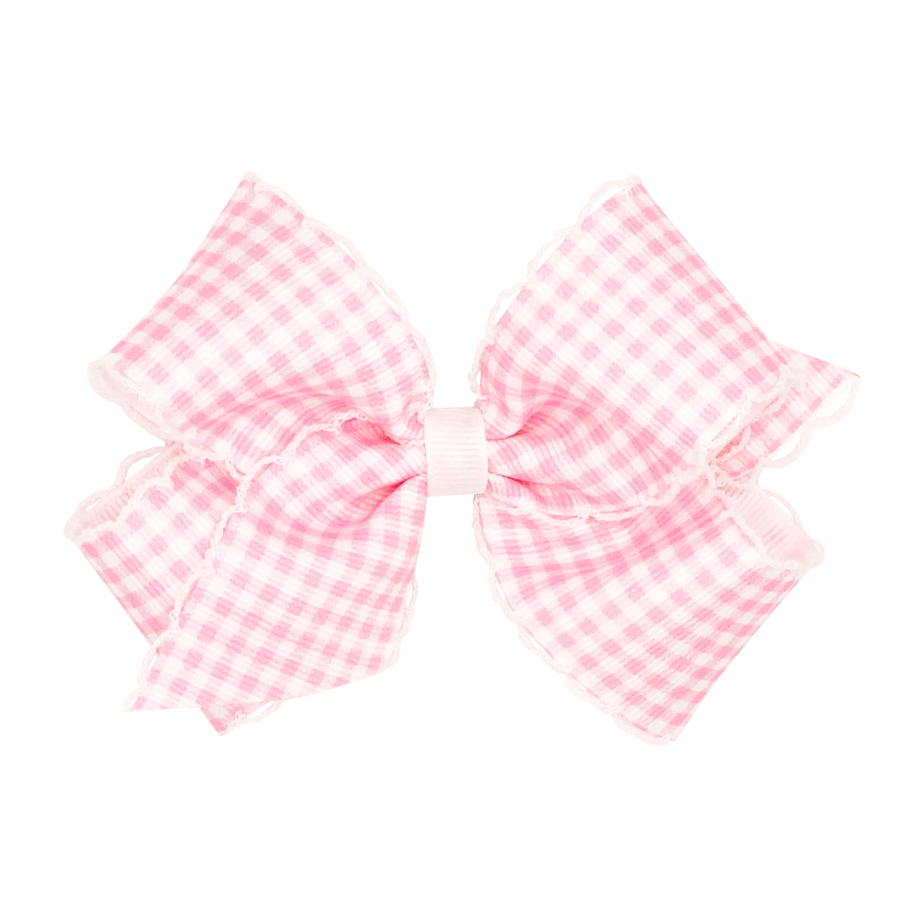 medium Gingham-Printed Grosgrain Girls Hair Bow With Moonstitch Edge - Pink | Hamner Hill