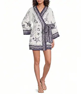 Farm Rio Off-White Coast Scarf V-Neck Long Sleeve Mini Wrap Dress -  XS | Dillard's