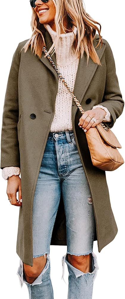 Tanming Women's Notch Lapel Double Breasted Wool Blend Mid Long Pea Trench Coat | Amazon (US)