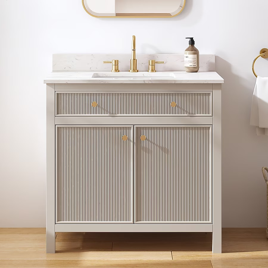 allen + roth Sandbanks 36-in Greige Undermount Single Sink Bathroom Vanity with White Engineered ... | Lowe's