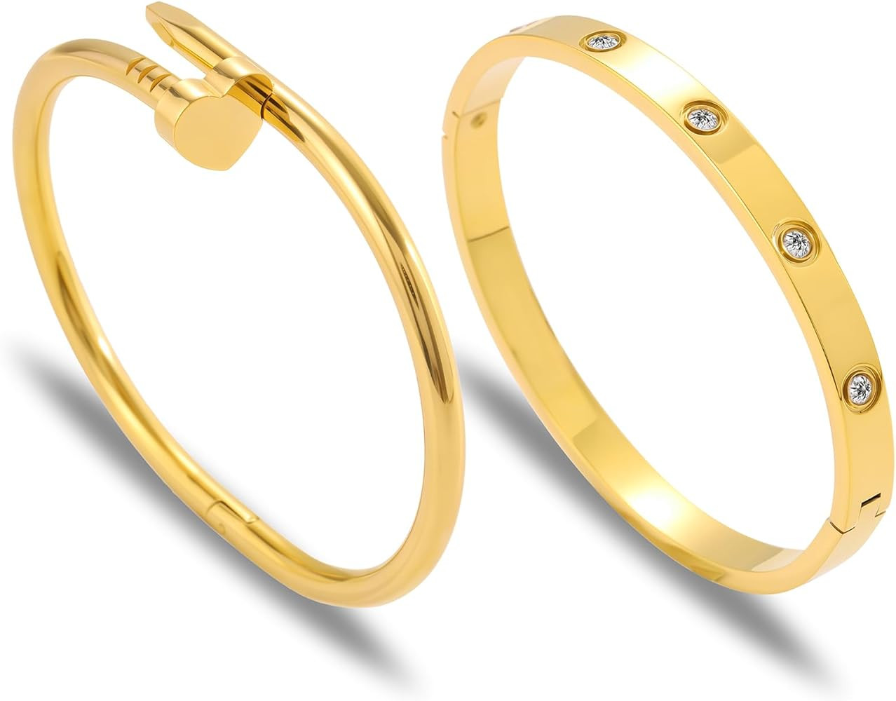 Gold Bangle Bracelets for Women -2PCS Friendship & Love Bangle Bracelet Clover Nail Bracelet Stac... | Amazon (US)