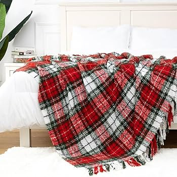 Plaid Throw Blanket with Fringes Green Red Christmas Home Decor Blankets Super Soft Cashmere Blan... | Amazon (US)