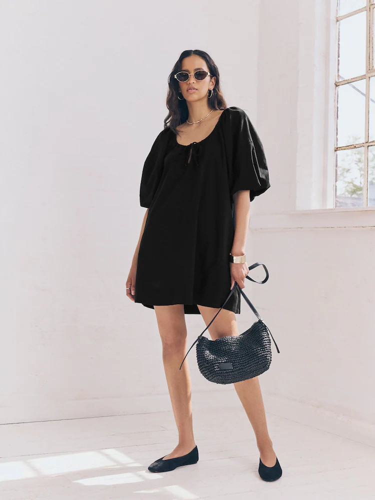Black 100% Cotton Puff Sleeve Tie Front Mini Dress | Next AU
