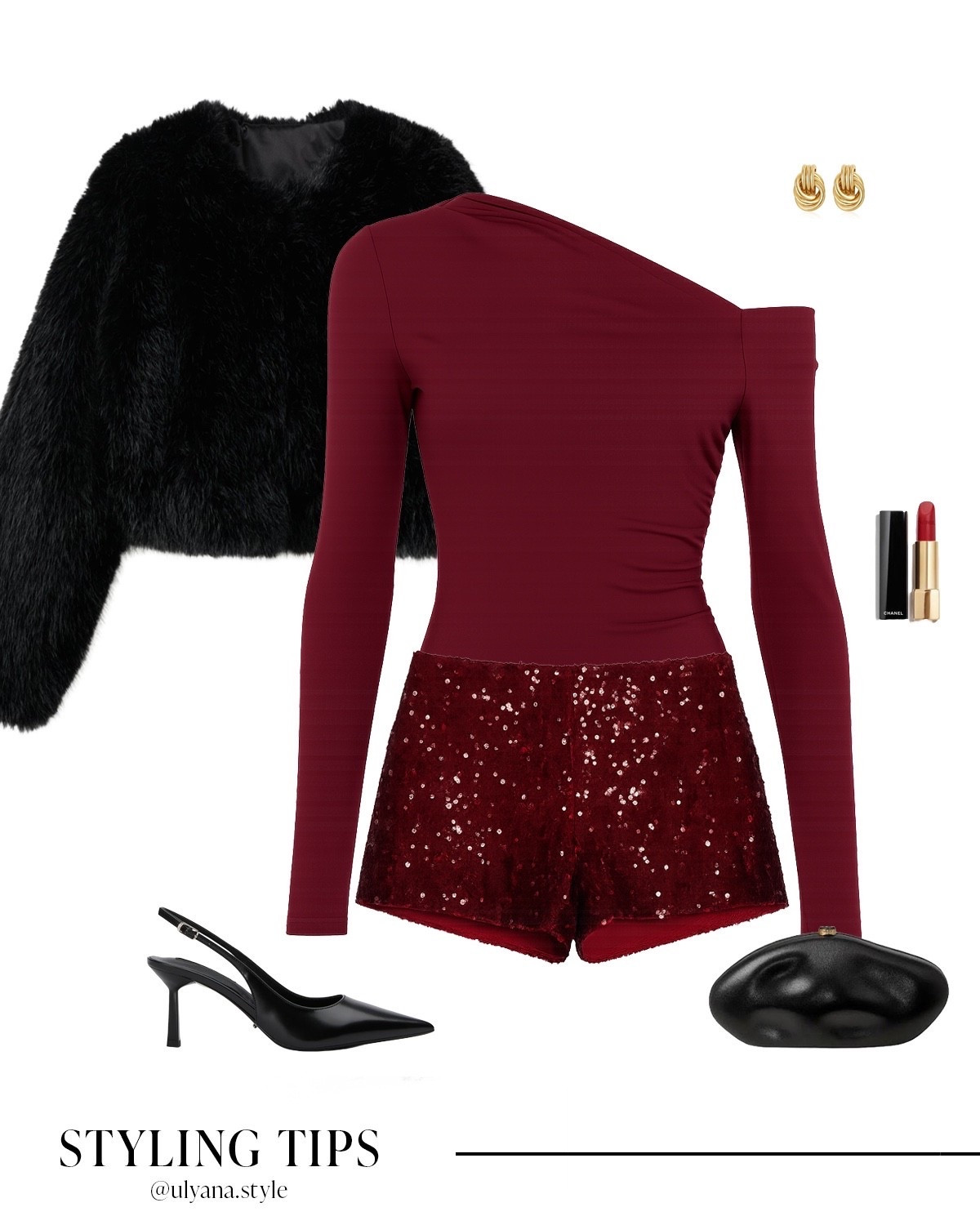 Holiday party outfit featuring burgundy sequin shorts styled with an off the shoulder top, black heels, a sleek clutch, and statement earrings. This is my go-to New Year’s Eve outfit when I want sparkle without wearing a dress. Perfect for festive dinners, date night, girls night out, and winter holiday parties, finished with a black faux fur jacket for an elevated night-out look.
.
.
.
.
.
.
#LTKGiftGuide #LTKHoliday #LTKootd #LTKgrwm #LTKSeasonal #LTKU #LTKSaleAlert #LTKFindsUnder50 #LTKFindsUnder100 #LTKBeauty

Holiday outfits | holiday evening outfits | holiday outfit inspo | date night tops | date night outfits | New Year’s Eve outfits | shorts outfits | shorts and tops | shorts dressy | going out tops | classy heels | winter jacket | winter fashion | winter coat | cropped faux fur jacket | evening clutch | 