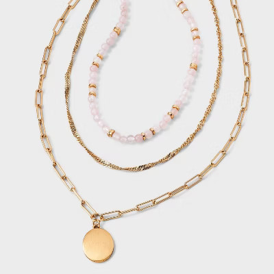 Rose Quartz and Medallion Charm Beaded Necklace - Universal Thread™ Gold | Target