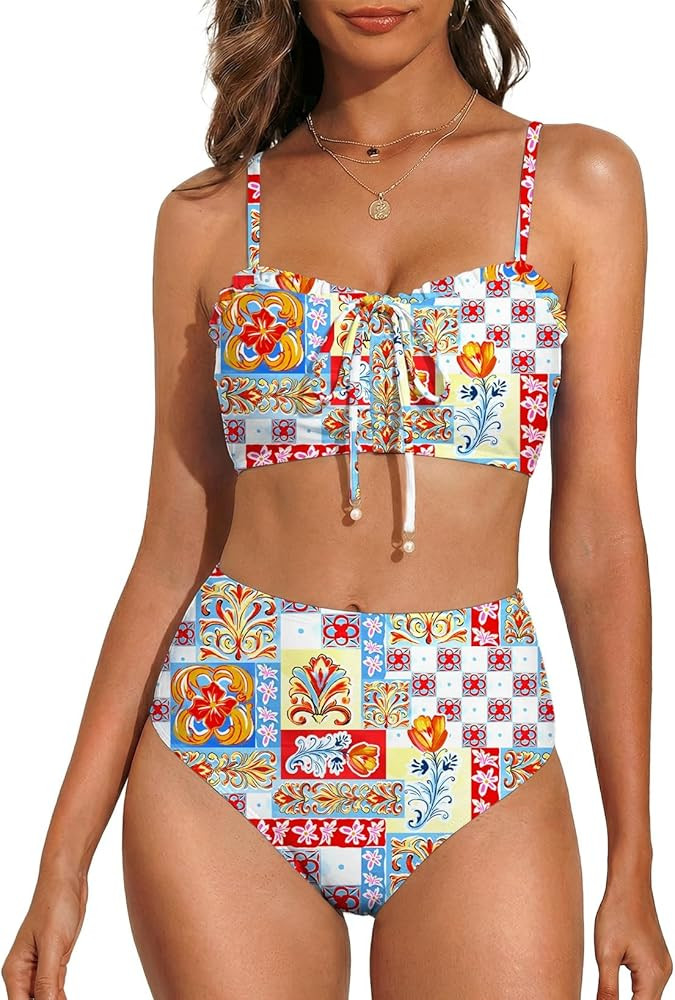 Herseas Women's Floral Print Bikini Sets Lace Up Front 2 Piece High Wasited Swimsuits Ruched Ruff... | Amazon (US)