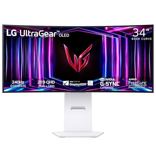 LG 34GS95QE 34-inch Ultragear OLED Curved Gaming Monitor WQHD 1440p 800R 240Hz 0.03ms AMD FreeSync Premium Pro NVIDIA G-Sync HDMI 2.1 DisplayPort Tilt/Height/Swivel Stand White | Amazon (US)