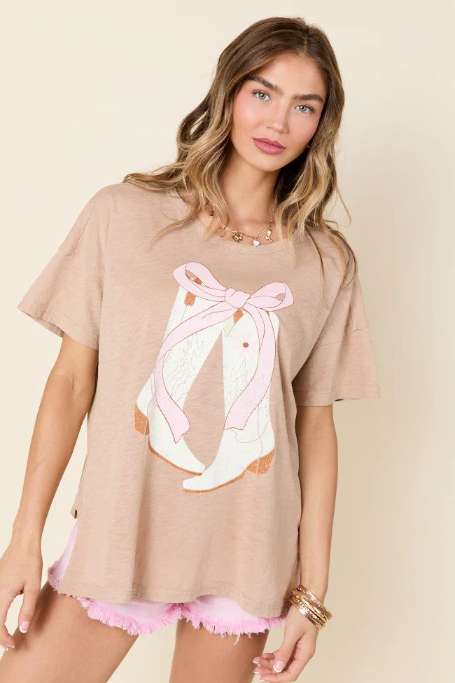 Bow On The Boots Taupe Split Hem Graphic Tee SALE | Pink Lily