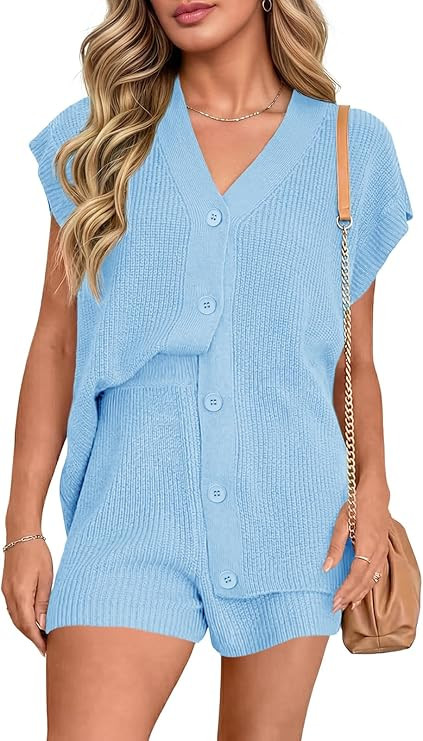 Saodimallsu Womens 2 Piece Outfits Sweater Sets Summer Oversized Cap Sleeve Button Up Cardigans T... | Amazon (US)