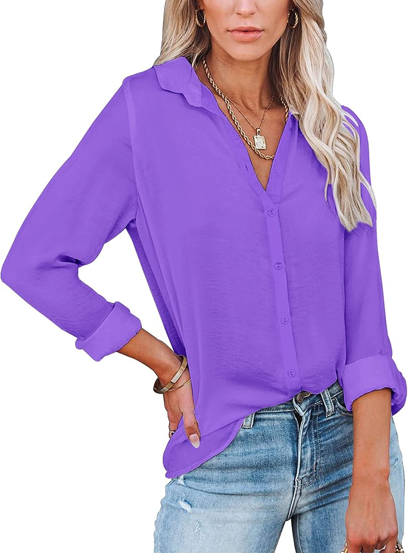 Diosun Womens Button Down V Neck Shirts Long/Short Sleeve Office Casual Business Plain Blouses To... | Amazon (US)