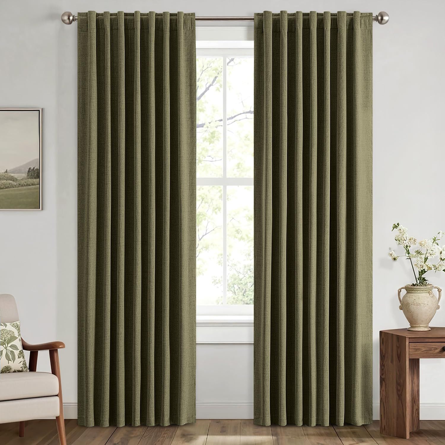 MIULEE 100% Blackout Linen Curtains for Bedroom, Light Olive Green Solid Luxury Decor Thermal Ins... | Amazon (US)