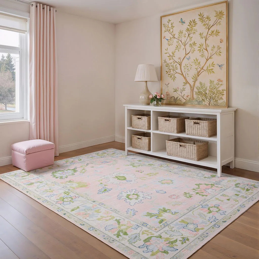 Kugler Traditional Bordered Floral Pink/ Green Printed Washable Flat Pile Area Rug | Wayfair North America
