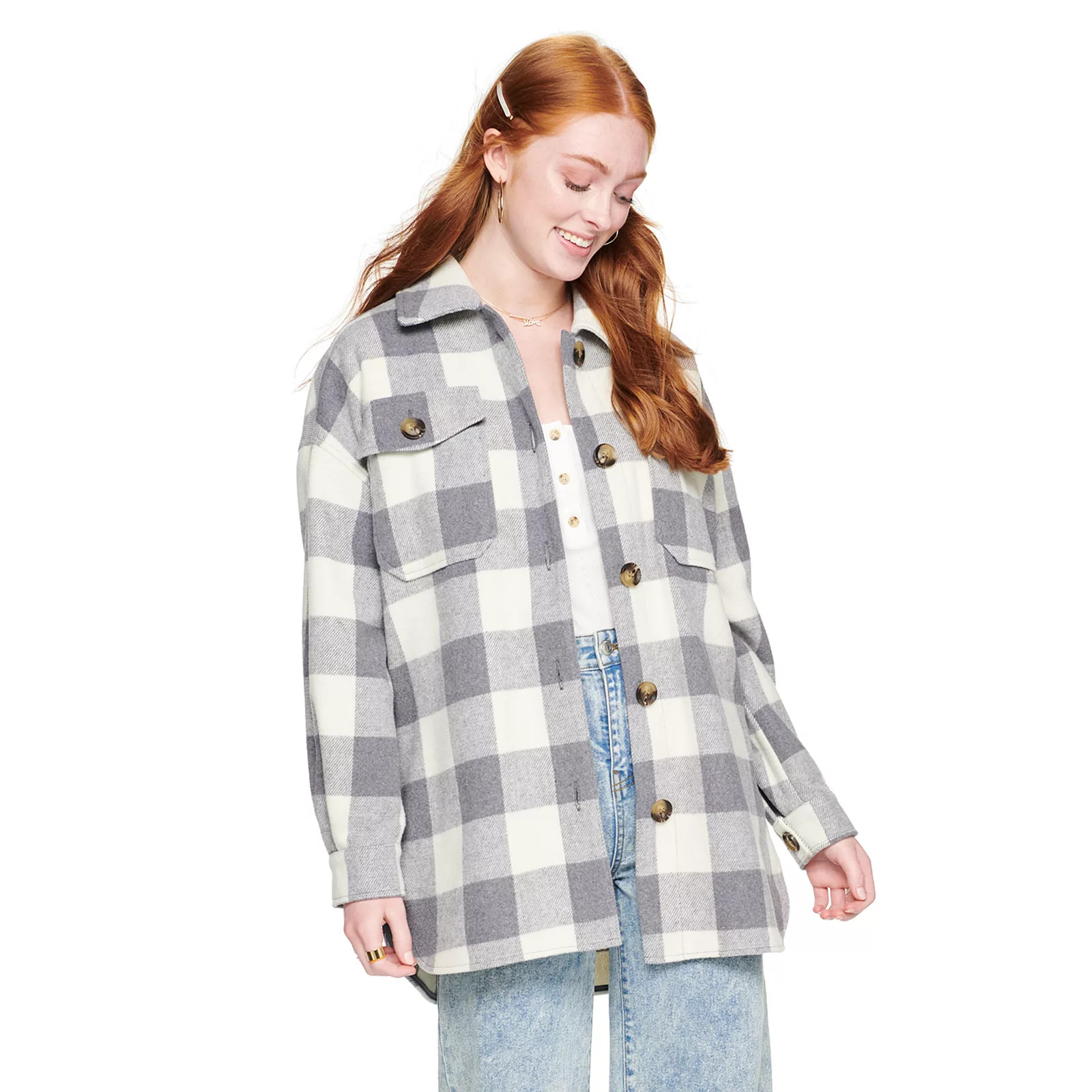 Juniors' SO Oversized Plaid Shacket, Girl's, Size: Large, Light Grey | Kohl's