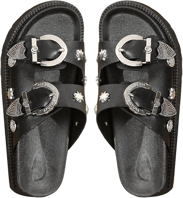 OYOANGLE Women's Studded Double Buckle Strap Footbed Sandals Fashion Platform Slip on Slides Sand... | Amazon (US)