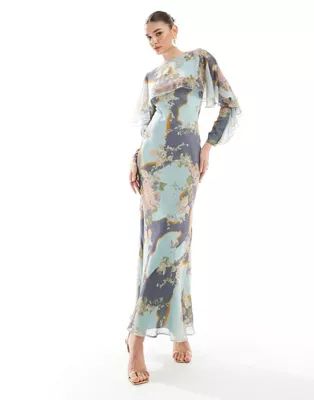 ASOS DESIGN long sleeve ruffle bias maxi dress with cape detail in floral print | ASOS (Global)