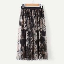 Snakeskin Print Mesh Overlay Pleated Skirt | SHEIN