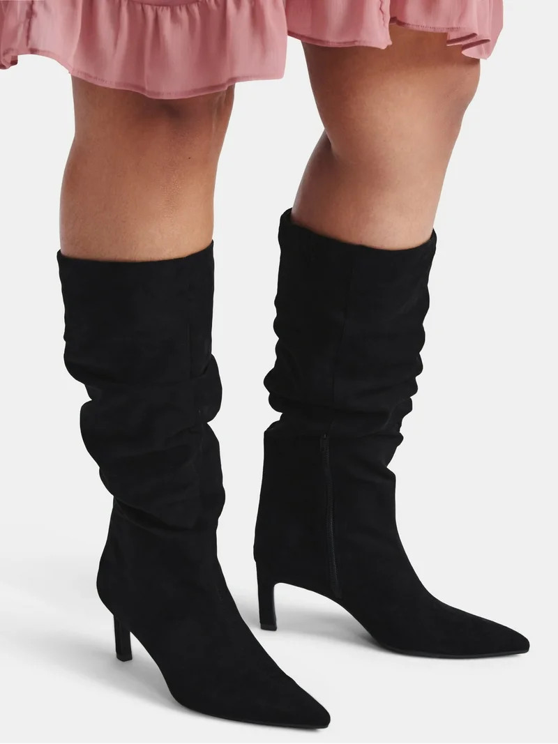 Time and Tru Women's Faux Suede Slouch Boots with Kitten Heels, Wide Width Available - Walmart.co... | Walmart (US)