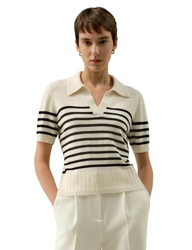 LilySilk Striped 100% Cashmere Polo Sweater for Women Summer Fall Lightweight Ribbed Finishes T Shirt Top Floral X-Small | Amazon (US)