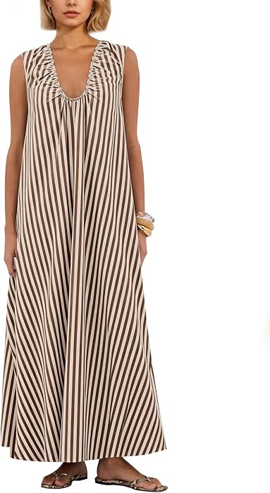 Women Flowy Maxi Dress Ruched Sleeveless Long Dress Vacation Fashion Summer Casual Loose Fit Sund... | Amazon (US)