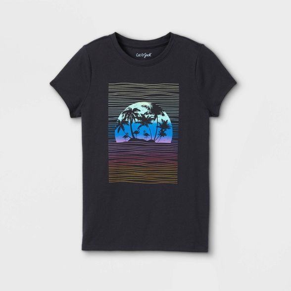 Girls' Palm Scene Graphic Short Sleeve T-Shirt - Cat & Jack™ Charcoal Gray | Target