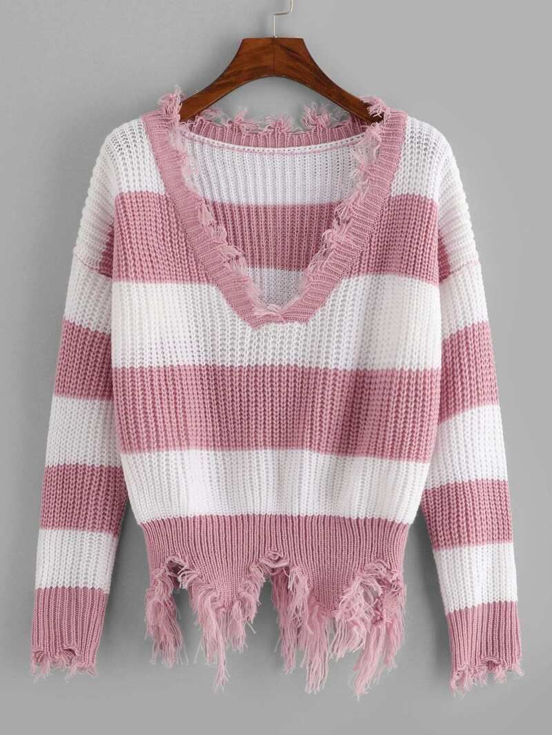 Wave Hem Fringe Chunky Knit Striped Sweater | ROMWE