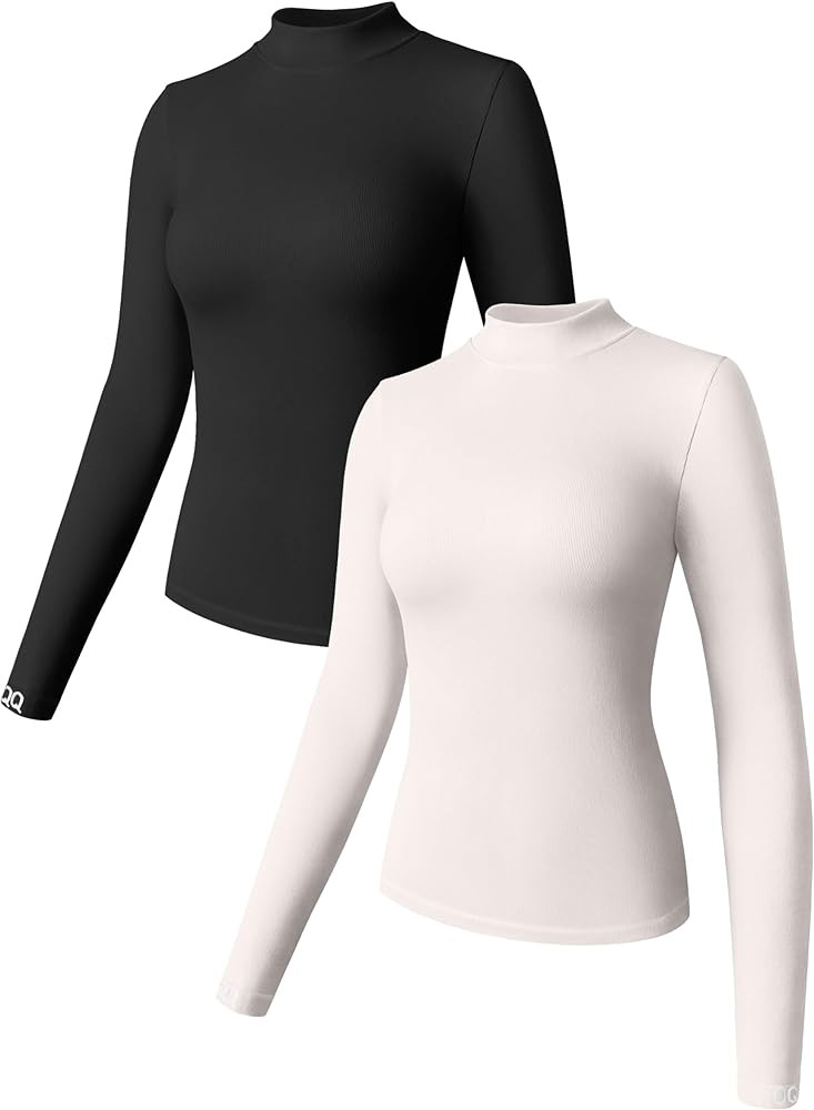 OQQ Women's 2 Piece Long Sleeve High Neck Tops Stretch Fitted Underscrubs Layer Tee Tops Shirts T... | Amazon (US)