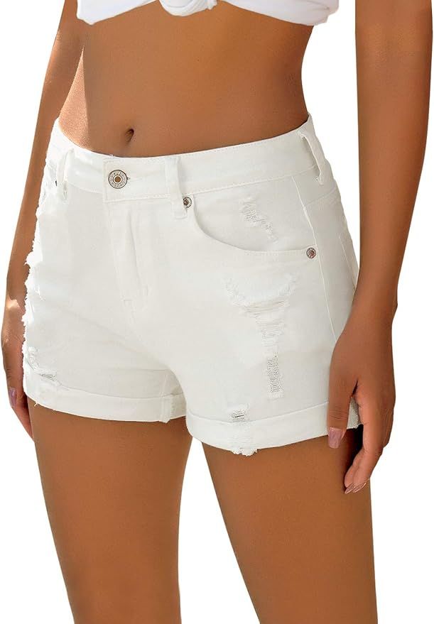 luvamia Women's Ripped Denim Jean Shorts High Waisted Stretchy Folded Hem Short Jeans | Amazon (US)