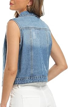 Womens Denim Jean Vest Classic Cropped Distressed Spread Collar Sleeveless Jean Jacket | Amazon (US)