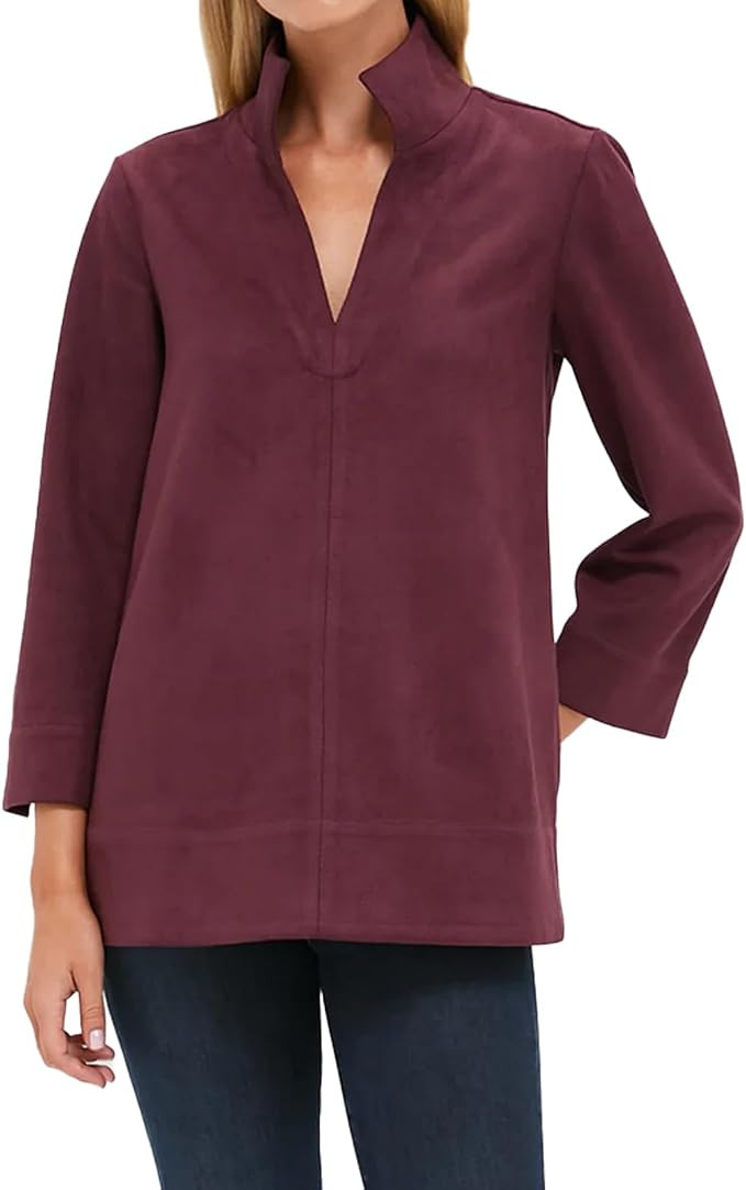 Women's Faux Suede Shirt V Neck 3/4 Sleeve Tunic Length Blouse for Office Daily Wear | Amazon (US)
