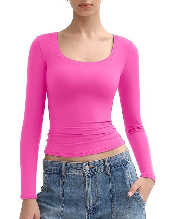 PUMIEY Women's Long Sleeve T Shirts Scoop Neck Slim Fit Going Out Tops Double Lined Basic Tee Smo... | Amazon (US)