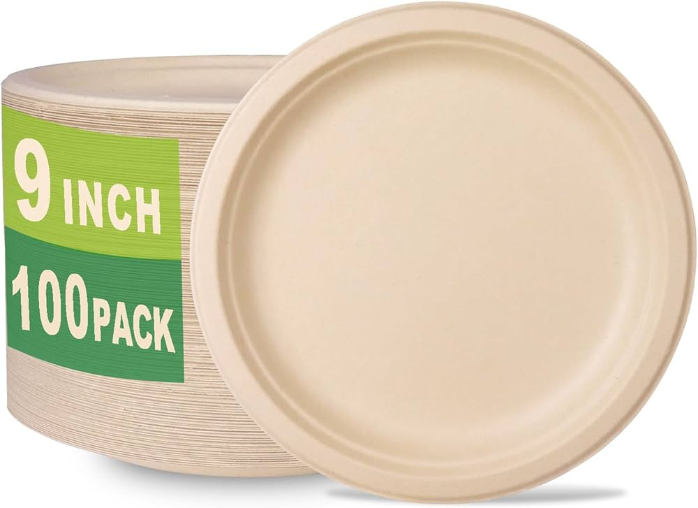 GreenWorks 100 Count 9“ Heavy-duty Compostable Plates, Unbleached Biodegradable Bagasse and Bam... | Amazon (US)